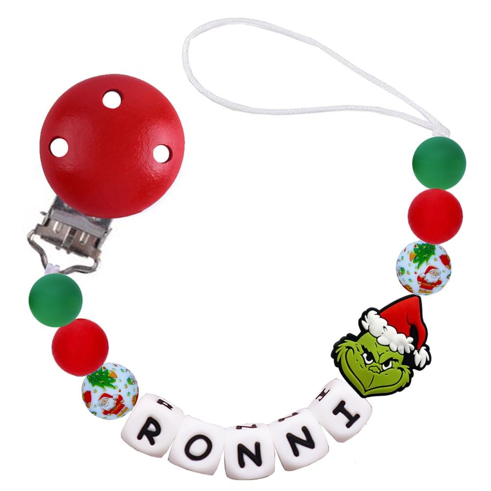 Personalized Christmas Pacifier Clip with Name Silicone Pacifier Holder Paci Binky Clips for Girls Boys Christmas Gift