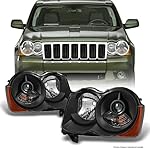 AKKON - For [Black] 2008 2009 2010 Jeep Grand Cherokee Halogen Type Projector Headlight Headlamps LH + RH Pair