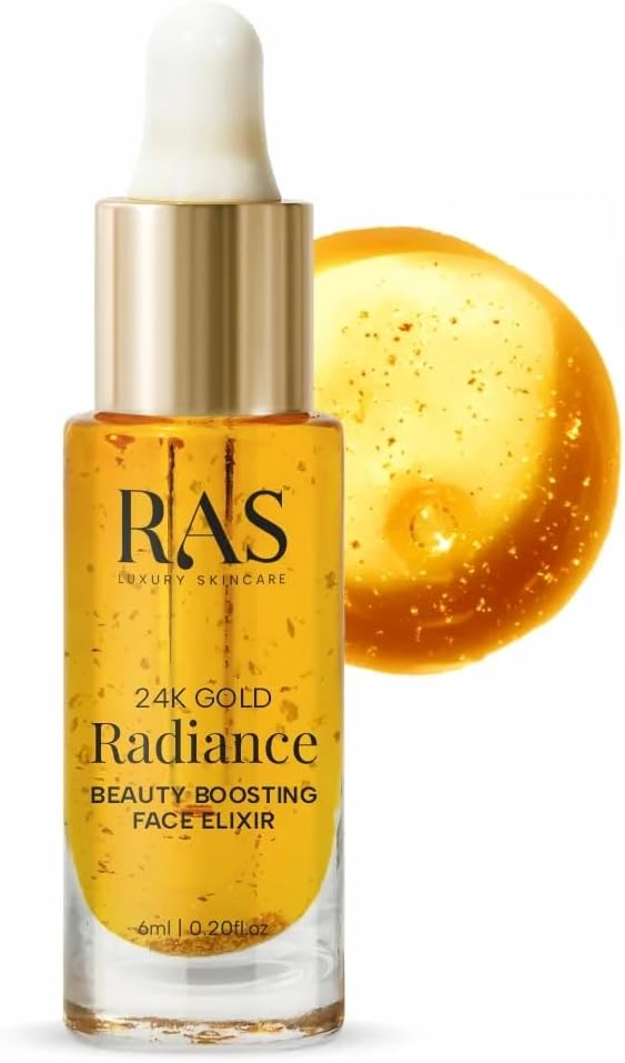 - RAS Luxury Oils 24K Gold Radiance Elixir Face Serum for Glowing Skin & Skin Brightening | Face Oil | Nourish & Repair | Reduce Wrinkles , Acne & Dark Spots | ( 6 ml)