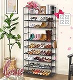 AOSION 10 Tier Shoe Rack,Shoe Rack for Closet,30-50 Pairs Tall Shoe Rack Organizer with Hooks,Large Shoe Rack with Removable,Space Saving Shoe Shelf,Non-Woven Fabric Shoe Tower,Black