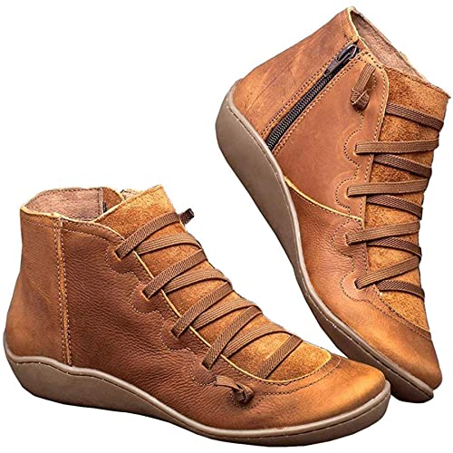 Ankle Boots for Women 2025,Women's Arch Support Comfy Lace Up Flat Heel Booties Wide Width Orthopedic Fashion Boots Side Zipper Vintage Retro Comfortable Slip On Low Winter Fall Travel Shoes2
