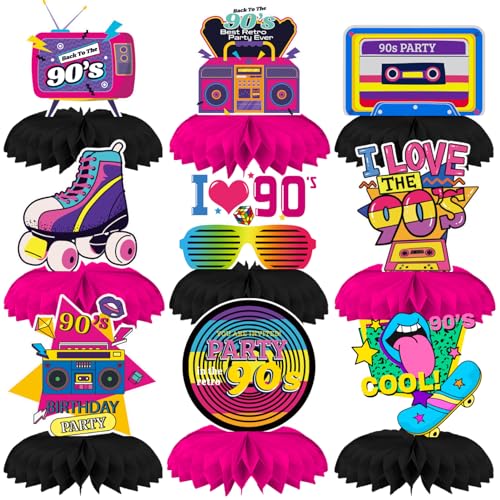 Qpout 9 unidades 90 Retro Honeycomb centros de mesa voltar aos 90 painéis de mesa de festa 90's retro vintage centros de mesa para festa nostálgica temática de hip hop da década de 1990