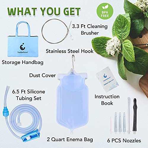 TopQuaFocus Enema Bag Kit Include Hose Cleaning Brusher Enema for at Home Coffee & Water Colon Cleansing 2 Quart 6 Tips Enema Kit