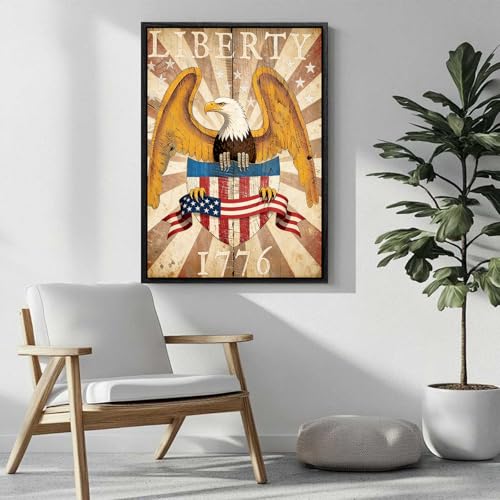 Image of American Flag Framed Canvas Wall Art, 4th of July Red White Blue Canvas Prints, USA Flag with Bald Eagle Patriotic Decorations, Vintage Independence Day Wall Decor for Bedroom Living Room 6x8