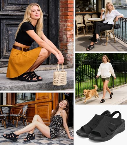 Image of Womens Wedge Sandals Platform Walking Sandals Open Toe Ankle Elastic Strap Casual Comfortable Summer Dressy