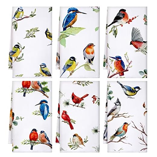 Set of 6 Birds Kitchen Towels Summer Tea Towels Absorbent Dish Towels Birds on Branch 24 x 16 Inches Kitchen Gifts Cardinal Hand Towels Bird Lover Gifts for Farmhouse Kitchen Bathroom Decorations