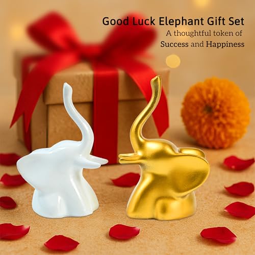 Image of ZAICUS Home Decor Elephant Showpiece Set of 2 | Golden & White Modern Minimalist Elephant Figurines | Tabletop Decor for Living Room, Office Desk & Gifting