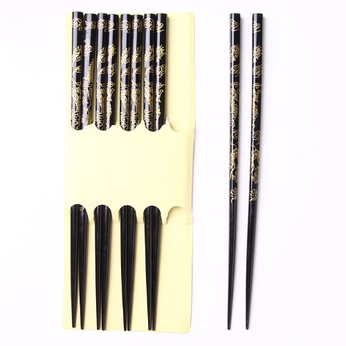 Lot de 5 paires de baguettes en bois, noires, à motifs de dragon chinois Cover