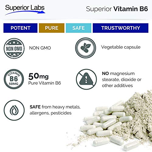 Superior Labs — Best Vitamin B6 Dietary Supplement — 50 Mg Dosage ,120 Vegetable Capsules —Supports Immune System Health — Healthy Brain Function — Cardiovascular Health Support #TOP3