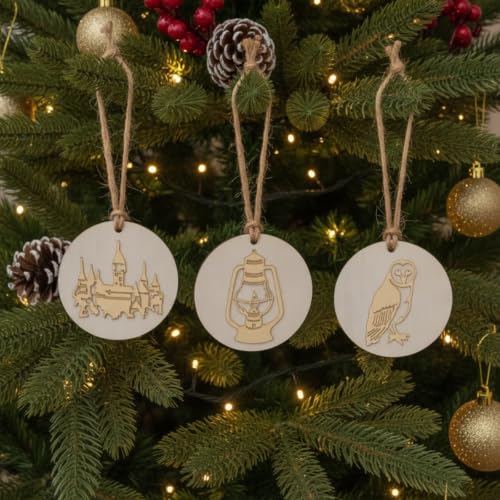 Image of Soulchen 12 Pcs Gold White Magical Party Decor Wizard Theme Magical Lover Gifts Wooden Vintage Wizard Hat Book Castle Broom Hanging Ornaments Sign for Home Room Birthday Party Decoration