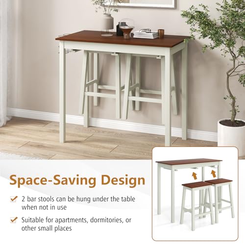 TANGZON 3-Piece Dining Table Set, Wooden Kitchen Table and 2 Stools with Wine Holders, Footrest & Non-Slip Footpads, Space Saving Breakfast Bar Table Chairs Set (Flat Seat, with Wine Holder) - Image 5