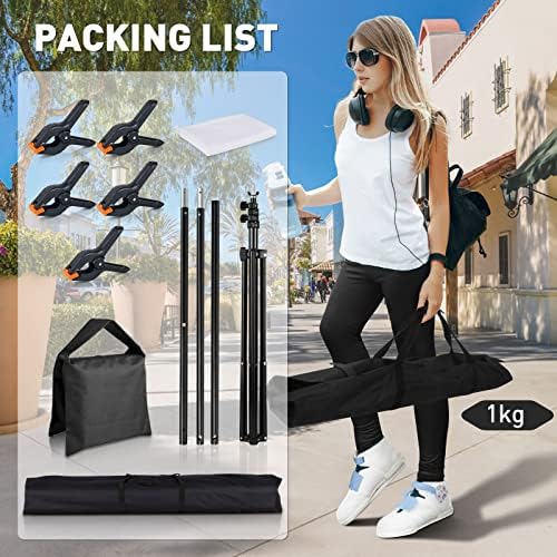 White Screen Backdrop with Stand 5x6.5ft, Foccalli Photography Backdrop Stand with Chromakey Muslin Background, 5 Backdrop Clips and Sandbag for Streaming Gaming Photoshoot