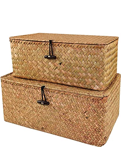 Aufbewahrungsbox Seagras Aufbewahrungskiste Dekobox Kosmetik Aufbewahrung mit Deckel Aufbewahrungskörbe aus Natürliche Praktische 2 Stück (L+ XXL) Cover