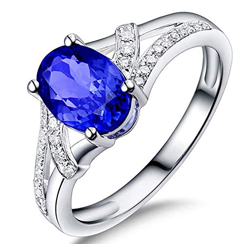 Lanmi 14K White Gold AAA Natural Tanzanite Diamond Ring Engagement Wedding Band for Women