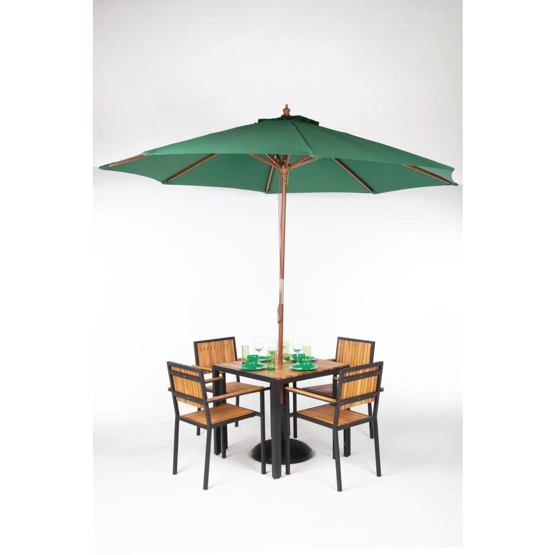 Bolero Parasol rond à poulie de 3 mètres de diamètre, vert, taille : 2,52(H) x 3(Dia)m, mât à 2 poteaux en bois dur Nyatoh, auvent hydrofuge, CB515