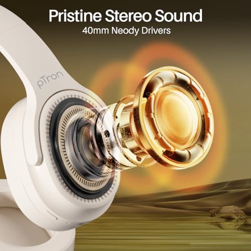 Image of pTron Studio Pro w / 65Hrs Playtime, Wireless Over Ear Headphones with HD Mic, Dual Device Pairing, TruTalk AI-ENC Calls, Low-Latency Game & Music, 40mm Drivers, BT5.4, Type-C Fast Charging (Cream)