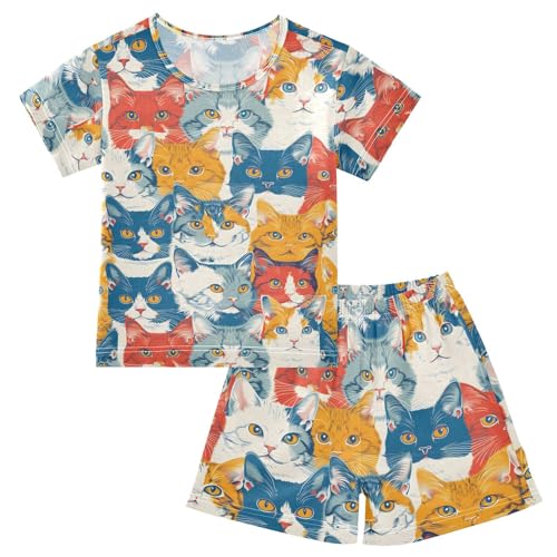 ALAZA Funny Cat Kitten Animal Pajamas Short Sleeve 2 Piece Sleepwear Top and Bottom Pajama Set Unisex