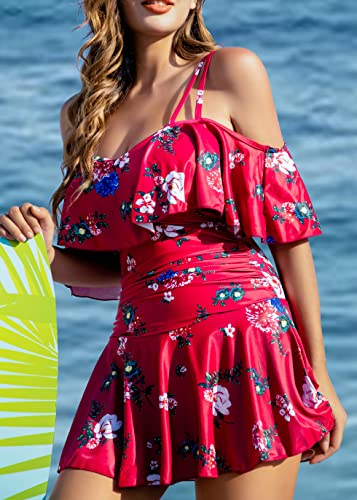 Image of COCOPEAR Women's One Piece Flounce Swimsuit Off Shoulder Bathing Suit Tummy Control Swimdress(FBA)