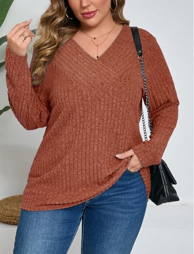 Image of Plus Size Sweaters for Women Casual V Neck Tops Long Sleeve Shirts Oversized Lightweight Knit Sweater