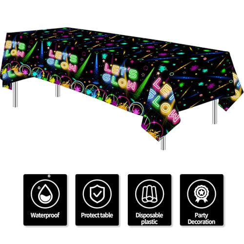 Image of Neon Glow Birthday Party Decorations Tablecloth, 3Pcs Disposable Glow in The Dark Party Tablecover Supplies, Neon Graffiti Theme Party Decorations Table Cloth, 86in x 55in