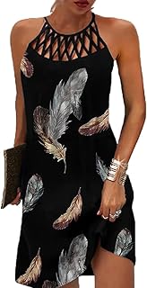 GRMLRPT Women's Sleeveless Boho Summer Dress Knee-Length Ethnic Style Elegant Printed Mesh Retro Dresses Halterneck Casual Dress Women's Dresses Beach Dresses (Multicoloured, S-XXL)