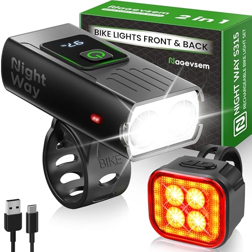 Nagevsem Bike Lights Set for Night Riding, LED Ultra Bright USB-C Rechargeable Headlight & Taillight, Waterproof Front & Rear Back Bicycle Safety Light, 12+6 Modes Road Cycling (Front & Back Lights)