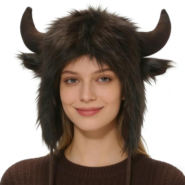 Timlotti Plush Water Buffalo Faux Furry Hat for Halloween Game-Watching Parties