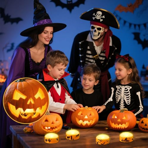 Image of 4 Pack Halloween LED Pumpkin Lights with Remote Control and Timer, Battery Operated Flameless Flickering Jack-o'-Lantern, Outdoor Electric Orange Candle Light for Halloween Pumpkins Decorations