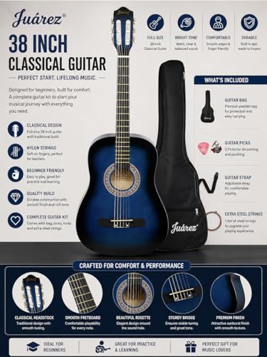Image of Juarez 38 Inch Classical Guitar with Nylon Strings for Beginners, Finger-Friendly Full Size Guitar Kit with Bag, Picks, Strap & Extra Steel Strings for Upgrade, TBS