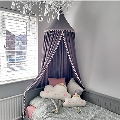 LOAOL Kids Bed Canopy with Pom Pom Princess Round Dome Crib Canopy Netting Cover Hanging Tent Nursery Play Game Castle House Decoration Reading Nook Canopy(Gray Pompom)