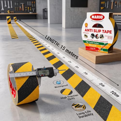 Image of Mario Anti-Skid Anti-Slip Tape Black & Yellow Zebra 50mm (2 Inch) x 15M | Extra Long High-Traction Safety Grip Tape | Waterproof Heavy-Duty Non-Slip Adhesive Tape for Stairs, Ramps & Flooring
