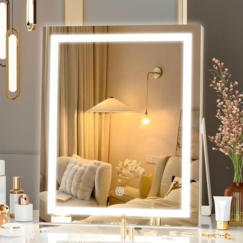 Hasipu Vanity Mirror with Lights, 9.8' x 11.8' LED Makeup Mirror with Smart Touch 3 Colors Dimmable, Brightness Adjustment, 360° Rotation, White