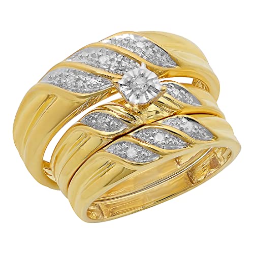 Dazzlingrock Collection 0.10 Carat Round White Diamond Illusion Wedding Trio Ring Set in Yellow Gold Plated Sterling Silver