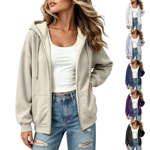 ENCURKUS Sherpa Lined Jacket Women Casual Warm Zip Up Hoodie with Pockets | Cozy Fleece Pullover Women,Plus Size Long Sleeve,Drawstring Fuzzy Fall Winter Coat,Travel Lounge Going Out Streetwear - image 1