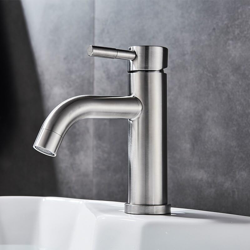 Grifo de lavabo monomando para agua fría y caliente en acabado níquel cepillado sobre encimera