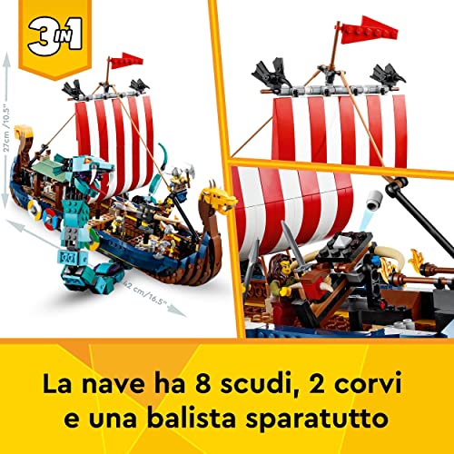 Creator 3 in 1 Nave Vichinga e Jörmungandr, Casa Giocattolo Apribile, Drago e Lupo Snodabili da Costruire, Giochi per Bambini e Bambine, Idee Regalo di Compleanno 31132 - Lego - Immagine 5