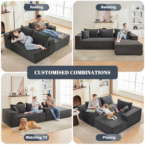 Image of Mangodan 110 inch Cloud Sectional Couch, Boneless Sofa for Living Room, Modular Sectional Sofa with Deep Seat, Fluffy Couch with L-Shaped Chaise, No Assembly Required (Right-Facing Chaise, Dark Grey)