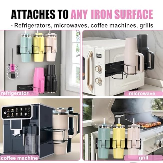 3 Pcs Magnetic Cup Holder for Fridge,2 Pcs Water Bottle Organizer Rack for Stanley 30&40 oz Tumblers with 1 pc Tumbler Lid Organizer,Stanley Cup Accessories for Kitchen