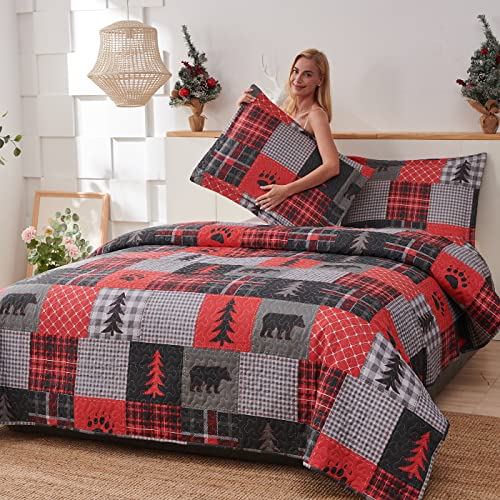 Twin Size Quilt Set Rustic Quilt Bedding Twin Quilt Bed Spread Coverlet Plaid Quilts Red Black Patchwork Bedding Country Lodge Cabin Bear Quilts Lightweight Reversible Home Quilt With 2 Pillow Shams #TOP2