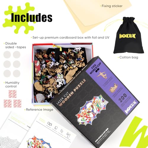 Image of FIFA World Cup 2026 Mascot Wooden Jigsaw Puzzle for Kids & Adults, USA - Canada - Mexico Mascot 200 Pieces, Unique Shape Puzzle, Officially Licensed, Sports Gift for Fans, 5MM Thick | Wooden Jigsaw Puzzle