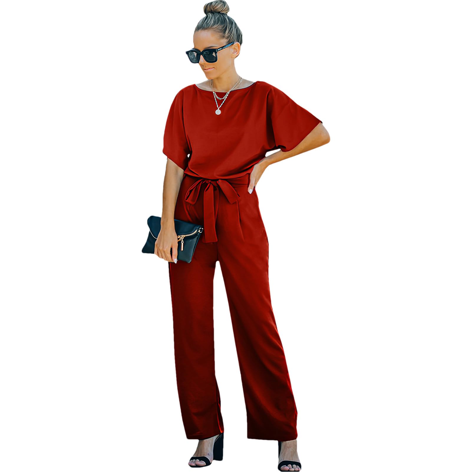 amropi Femmes Combinaison Manches Courtes Barboteuse Jumpsuit Élégant Pantalon Casual Combishort avec Ceinture