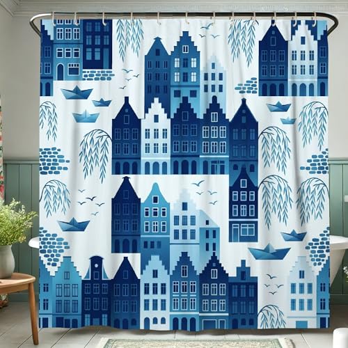 Rideau de douche imperméable en polyester bleu lavable pour baignoire saine