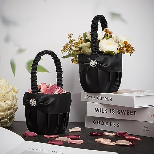 Suttmin 2 Pcs Wedding Black Flower Girl Basket Flower Basket for Wedding Ceremony Satin and Rhinestone Flower Basket with Handle for Banquet Home Party Collection Daily Use Supplies(Snowflake)
