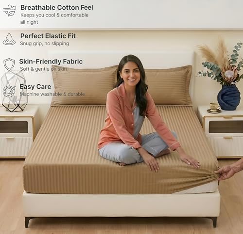 Image of BSB HOME 210 TC Cotton Fitted Bedsheet with 2 Pillow Covers, Soft Breathable Fabric, Elastic All Around, Wrinkle Resistant, King Size Bed Sheet Set - 72 x 78 + 10 Inches (Taupe)