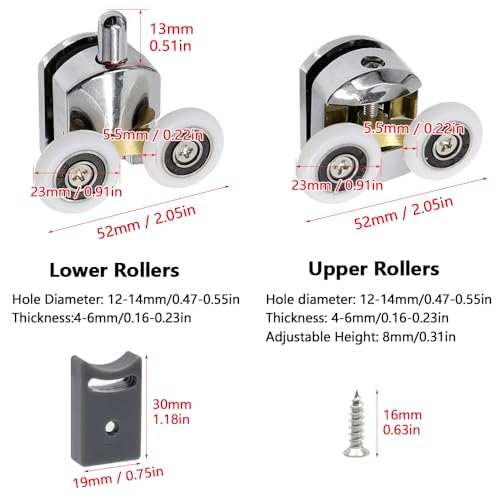GYSRXS 23 mm Universal Shower Enclosure Rollers Set of 4 Sliding Shower Door Rollers for Glass 4-6 mm (2 Upper Rollers +2 Lower Rollers) - Image 2