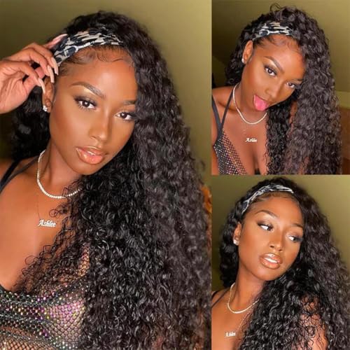 Image of 200 Density Deep Wave Headband Wig Human Hair 26 Inch Curly Half Wig Human Hair None Lace Front Wigs for Black Women Natural Color, 100% Human Hair, No Shedding