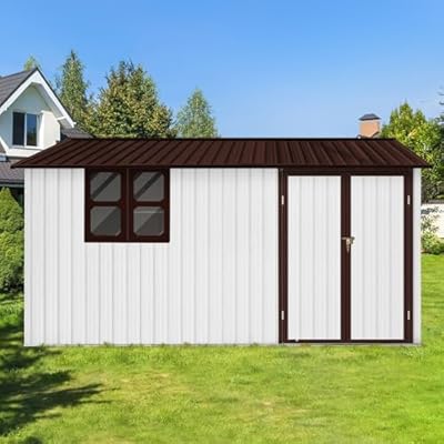 Dyncan Metal Garden Shed 10ft x 12ft Outdoor Storage with Window, Durable Design for Tools and Equipment, White and Coffee