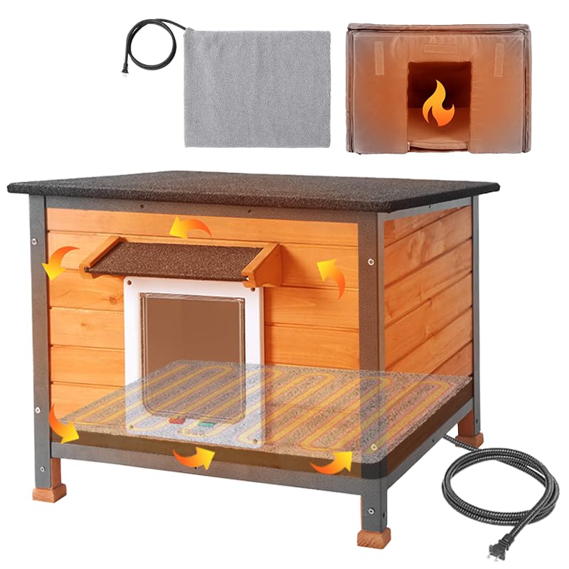 Classics Wooden Outdoor & Indoor Cat House,Waterproof Asphalt Roofs and Metal Frames Cat Cave with Moisture Proof Elevated Base Animal Shelter (Brown-Insulated-Heated)