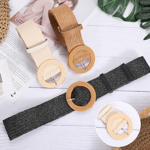 JASGOOD 3Pcs Straw Woven Belt Stretchy Waist Belt for Women Boho Braided Belt Wide Elastic Belt with Round Buckle3