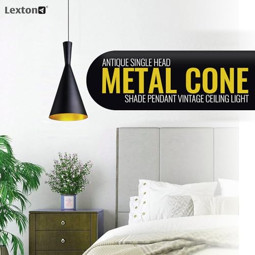 Image of Lexton Antique Single Head Metal Cone Shade Pendant Light | for Bedroom, Kitchen, Restaurant, Indoor Outdoor or Home Decoration (Black, Pack of 2) (Bulb Not Included)